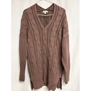 Tres Chic Women Brown Cable Knit V-Neck Sweater Oversized Cotton Fisherman Large